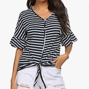 Women's Knot Front Ruffle Batwing Sleeve Striped Casual Loose Pullover Top Tee